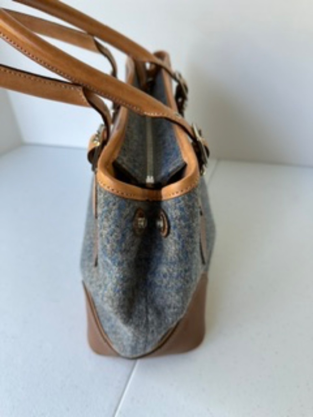 COACH Satchel handbag - Blue/Gray plaid wool and tan leather - Picture 2 of 8